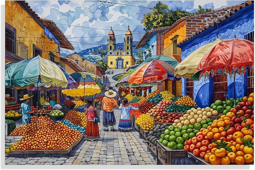 carteles coloridos en un mercado vibrante