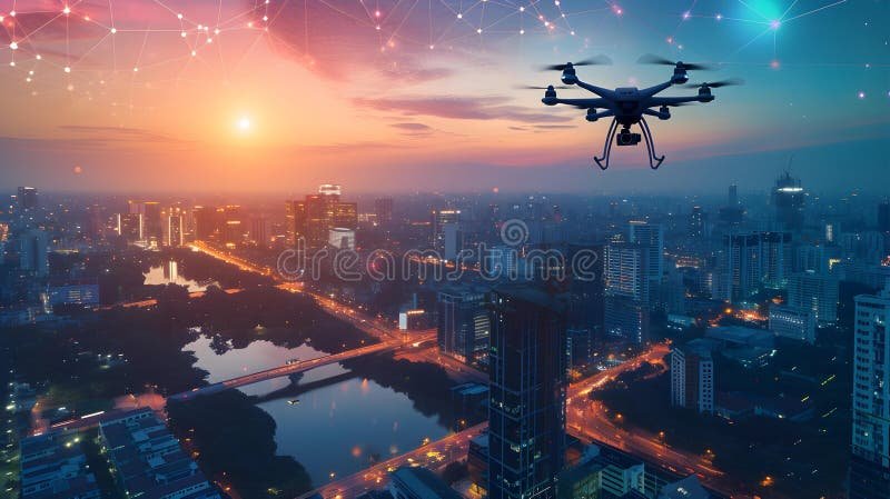 dron volando sobre un paisaje urbano