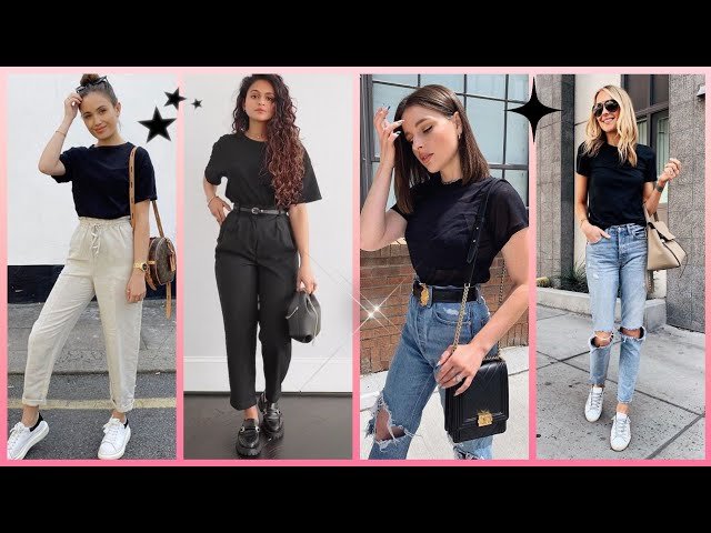 Cómo combinar una remera negra para lucir genial por delante y detrás 1 mujer con remera negra y jeans elegantes