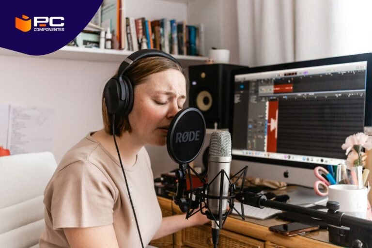 persona cantando frente a una computadora